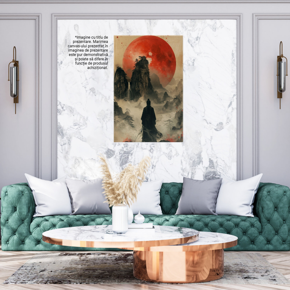Samurai Japonez în Kimono Negru pe Munte cu Luna Roșie - Pictură Digitală, Marime 40x25CM [3]