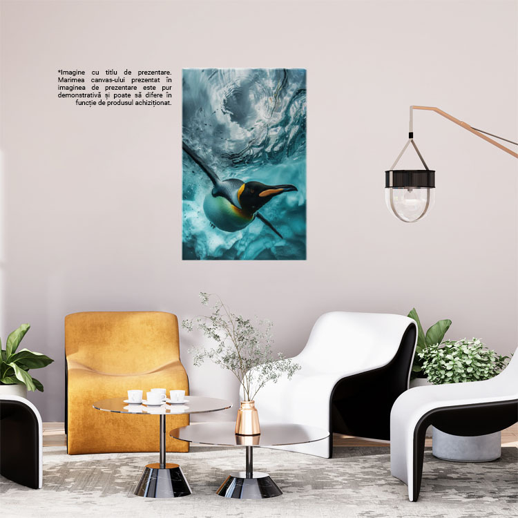 Tablou Canvas: Săritura Pinguinului în Apa Rece Curată ca Lacrima Stânci Subacvatice cu Zăpadă Pictura Digitala 40x25CM [2]