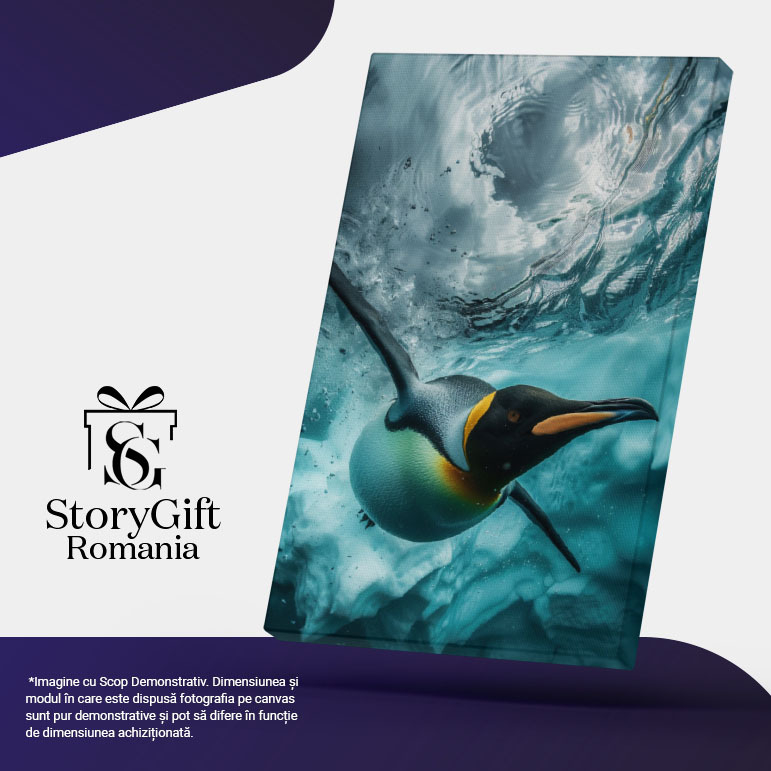 Tablou Canvas: Săritura Pinguinului în Apa Rece Curată ca Lacrima Stânci Subacvatice cu Zăpadă Pictura Digitala 40x25CM [5]