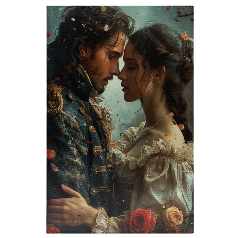 Sărutul Mult Așteptat - Cuplu în Costum Albastru și Rochie Albă Înghițit de Trandafiri, Marime 40x25CM [1]
