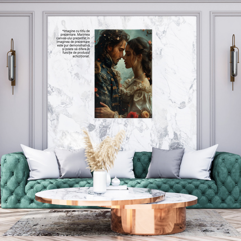 Sărutul Mult Așteptat - Cuplu în Costum Albastru și Rochie Albă Înghițit de Trandafiri, Marime 40x25CM [3]