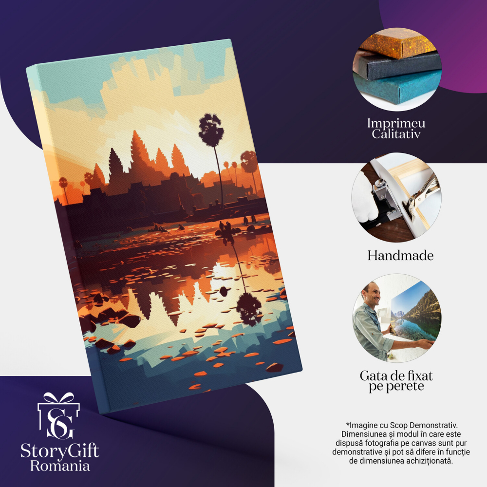 Sat la Apus - Peisaj Rural cu Natură, Copaci și Apă, Marime 40x25CM [2]