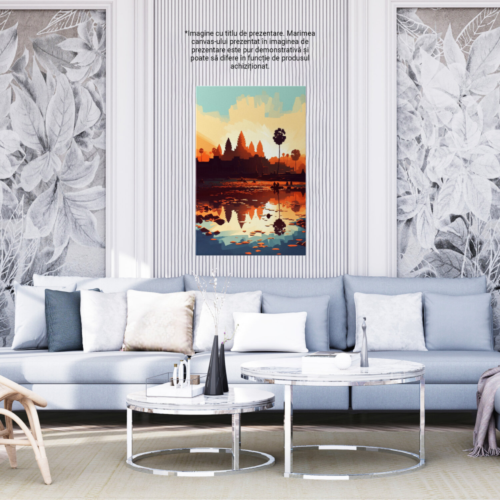 Sat la Apus - Peisaj Rural cu Natură, Copaci și Apă, Marime 40x25CM [4]