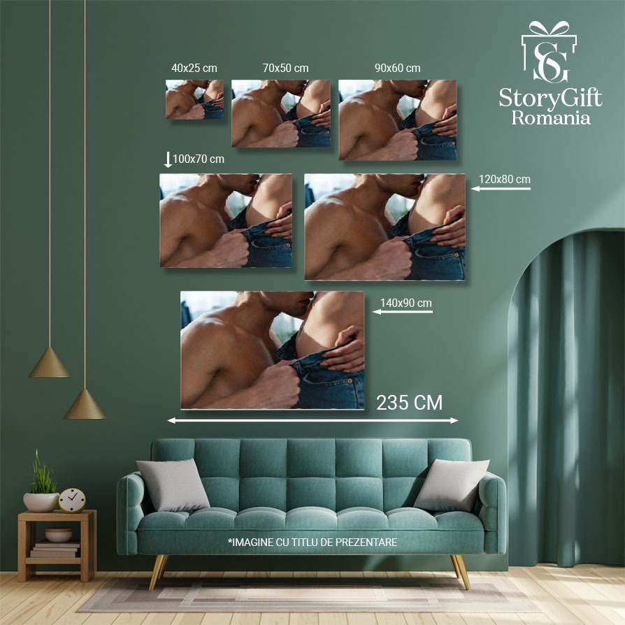 Tablou Canvas Seductie Incalzitoare Barbat Sexy Dezbracanduse si Sarutand cu Pasiune Fata, Reflectand Intimitatea si Dorinta intrun Mediu Confortabil si Acasa 40x25CM [5]