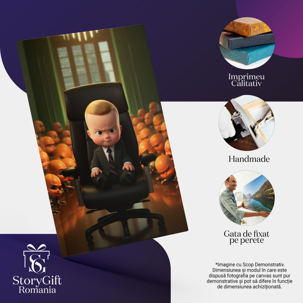 Șeful Bebelusilor cu Păr Blond pe un Scaun de Birou Negru, Împresurat de Bebelusi Furioși - Pictură Digitală, Marime 40x25CM [2]