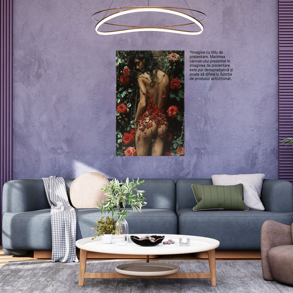 Tablou Canvas - Silueta Nuda a Fetei Imbracata in Siraguri de Flori Rosii, Marime 60x40CM [3]