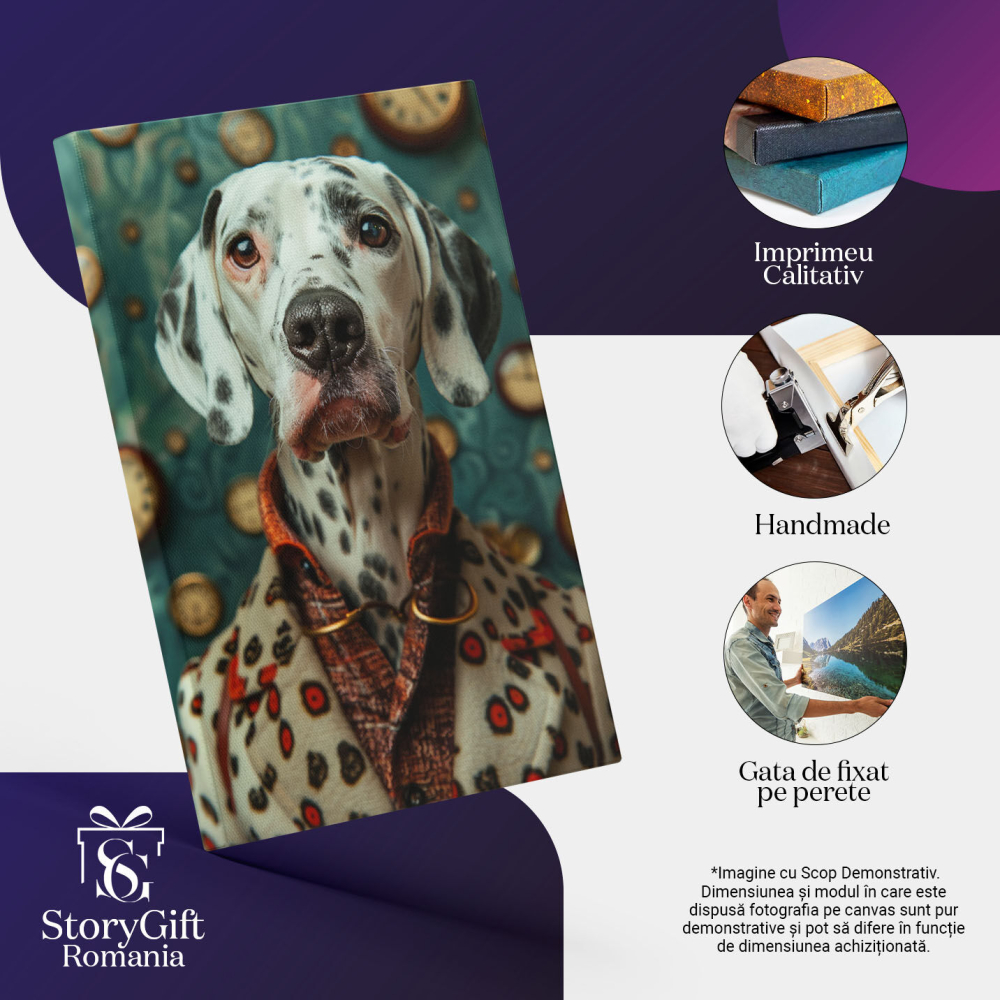 Tablou Canvas  Simpaticul Caine cu Blana Alba si Pete Negre cu Ochii Intristati Imbracat in Camasa si Palton , Pictura Digitala 40x25CM [3]