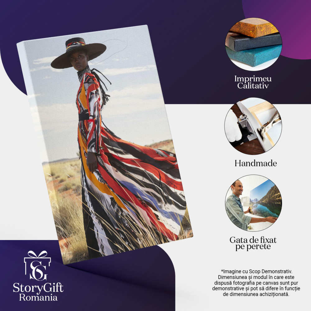 Tablou Canvas: Singurătate Plăcută Silueta în Rochie Colorată cu Pălărie în Pistiul Secetei Pictura Digitala 40x25CM [3]