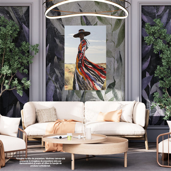 Tablou Canvas: Singurătate Plăcută Silueta în Rochie Colorată cu Pălărie în Pistiul Secetei Pictura Digitala 40x25CM [2]