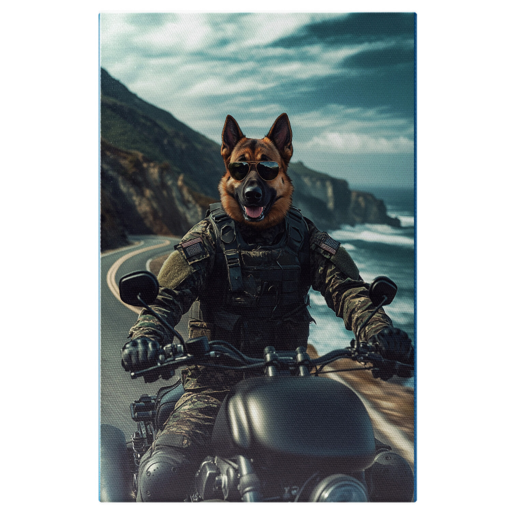  Tablou Canvas Personalizat Soldat Pe Motocicletă Pe Șosea Lângă MareMarime 40x25CM [1]