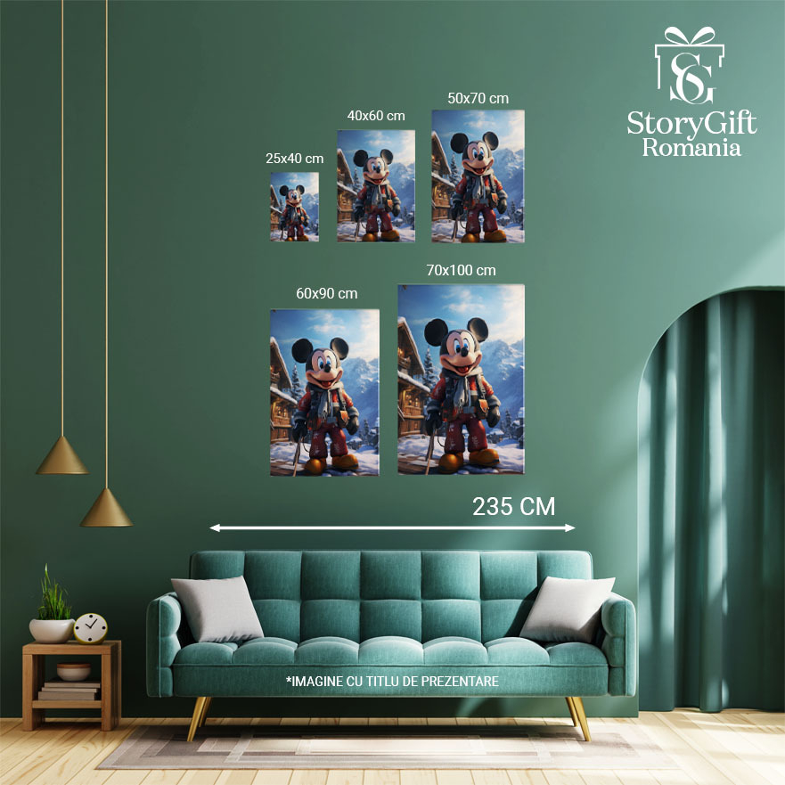 Tablou Canvas:  Soricelul Mickey Mouse care Schiaza in Costum de Ski Rosu cu Fular in Fata Cabanei Pictura Digitala 40x25CM [4]