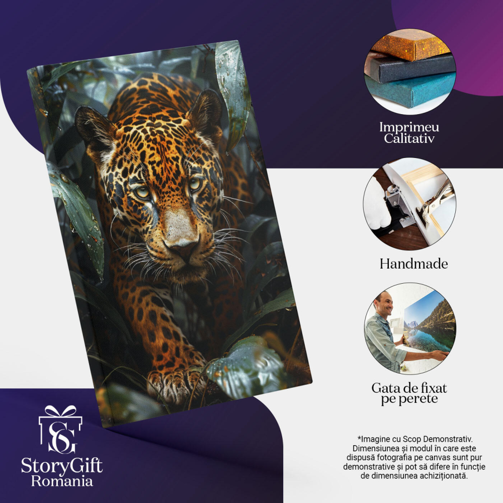 Tablou Canvas Splendoarea Sălbatică Leopardul și Frunzele Udate de Roua din Junglă , Pictura Digitala 40x25CM [3]