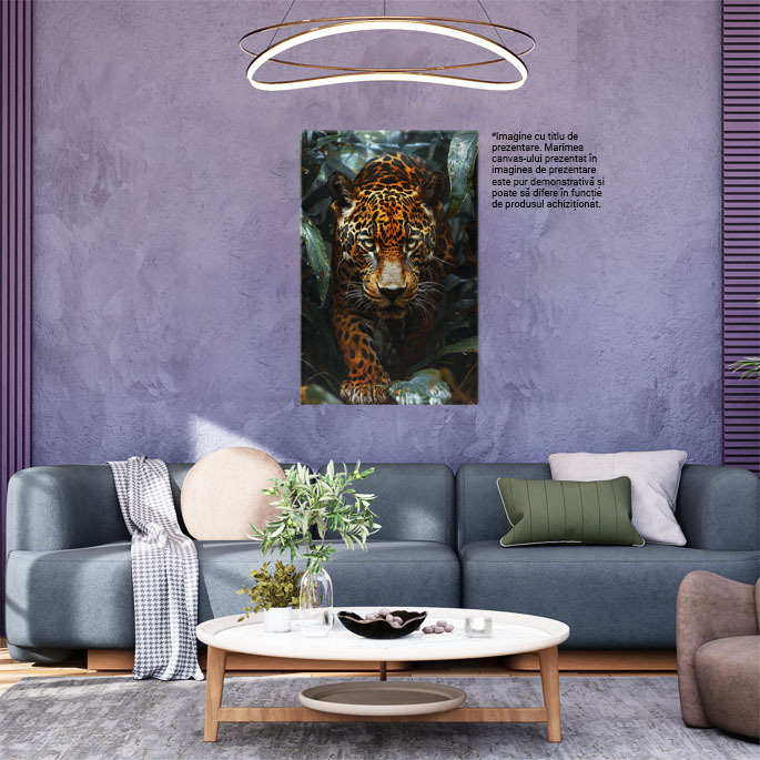 Tablou Canvas Splendoarea Sălbatică Leopardul și Frunzele Udate de Roua din Junglă , Pictura Digitala 40x25CM [2]