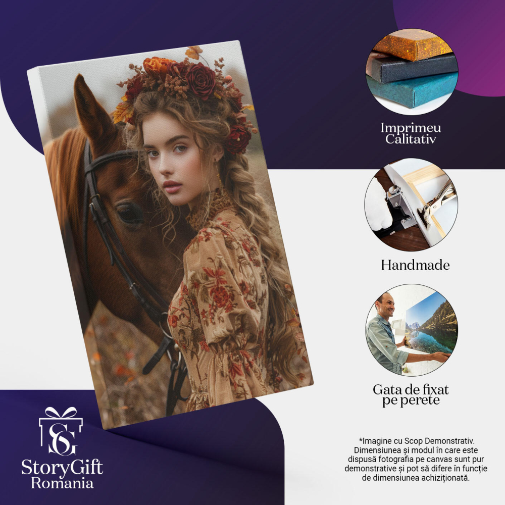 Tablou Canvas  Stapana Calului, Cal Maro cu Ochii Intristati langa Fata cu Parul Lung si Coronita de Flori in Rochie , Pictura Digitala 40x25CM [3]