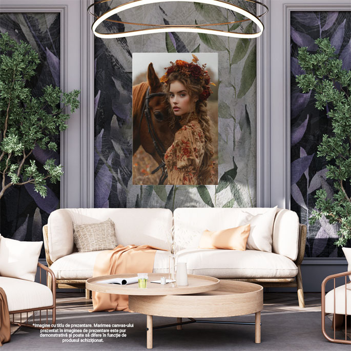 Tablou Canvas  Stapana Calului, Cal Maro cu Ochii Intristati langa Fata cu Parul Lung si Coronita de Flori in Rochie , Pictura Digitala 40x25CM [2]