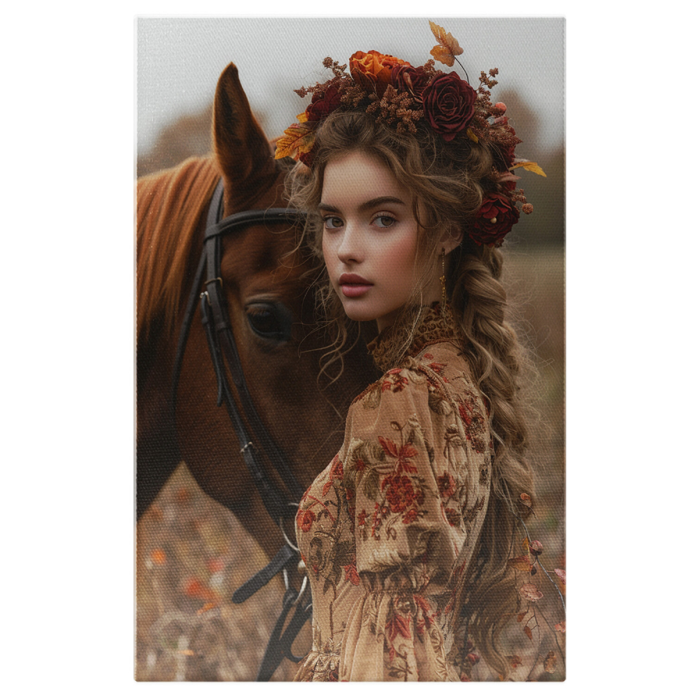 Tablou Canvas Stăpâna Calului cu Calul Maro – Pictură Digitală Emoționantă, Marime 40x25CM [1]