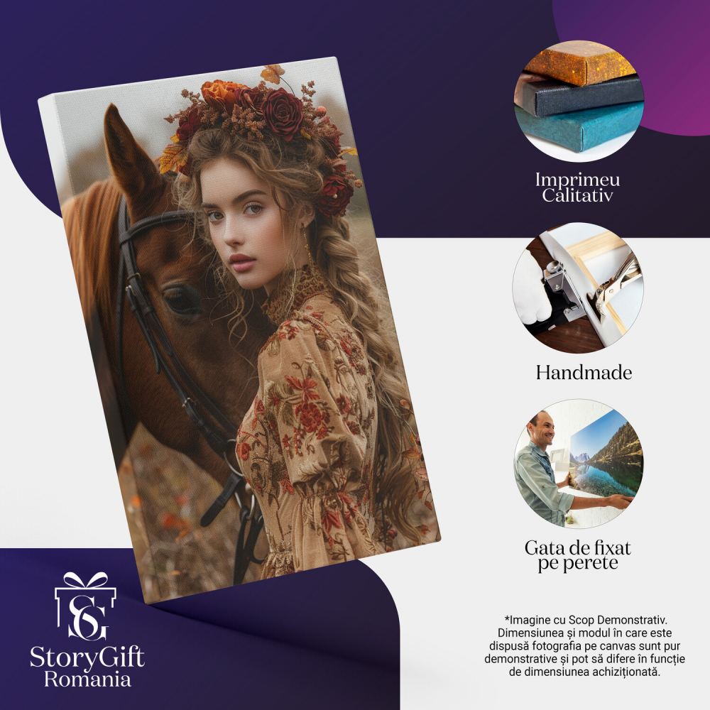 Tablou Canvas Stăpâna Calului cu Calul Maro – Pictură Digitală Emoționantă, Marime 40x25CM [2]