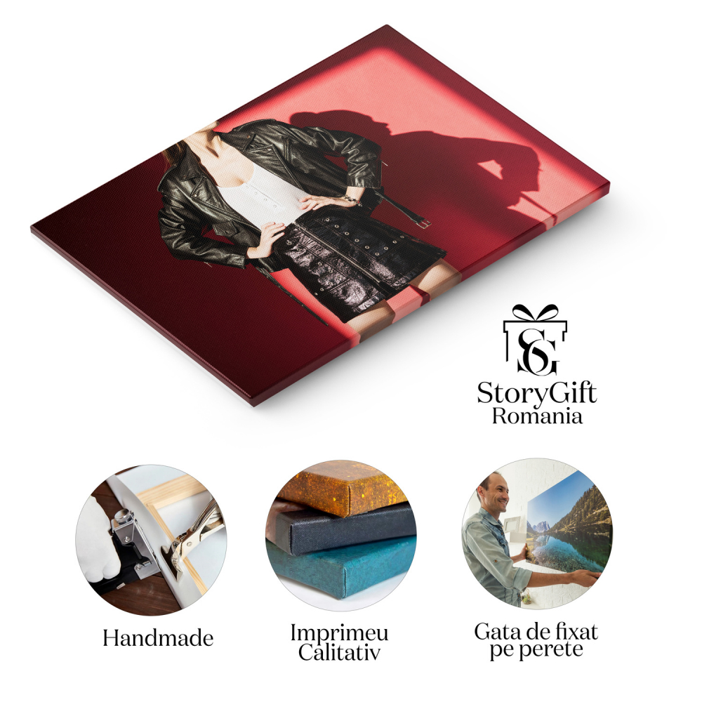 Tânără în Geacă de Piele Neagră: Stil și Eleganță, Marime 40x25CM [2]