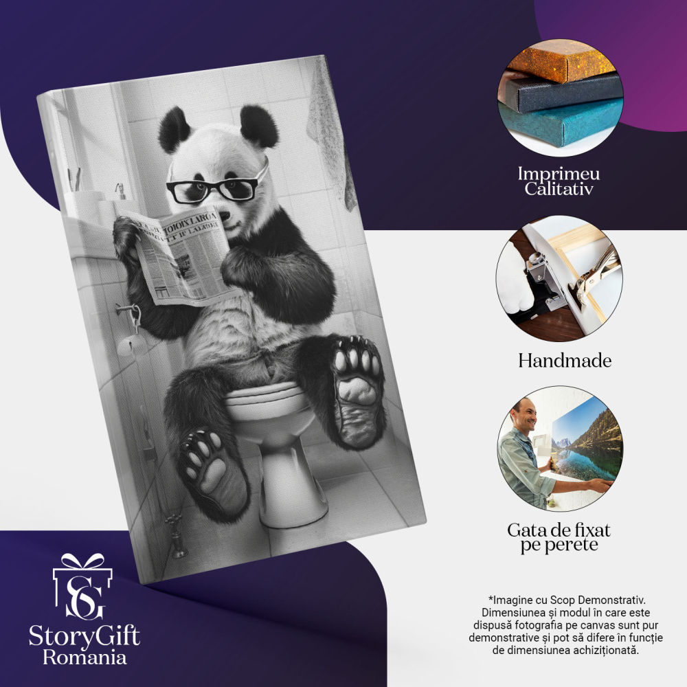 Tablou Canvas Știrile din Ziar Ursul Panda Citește Presa Cu Ochelari de Vedere în Baie , Pictura Digitala 40x25CM [3]