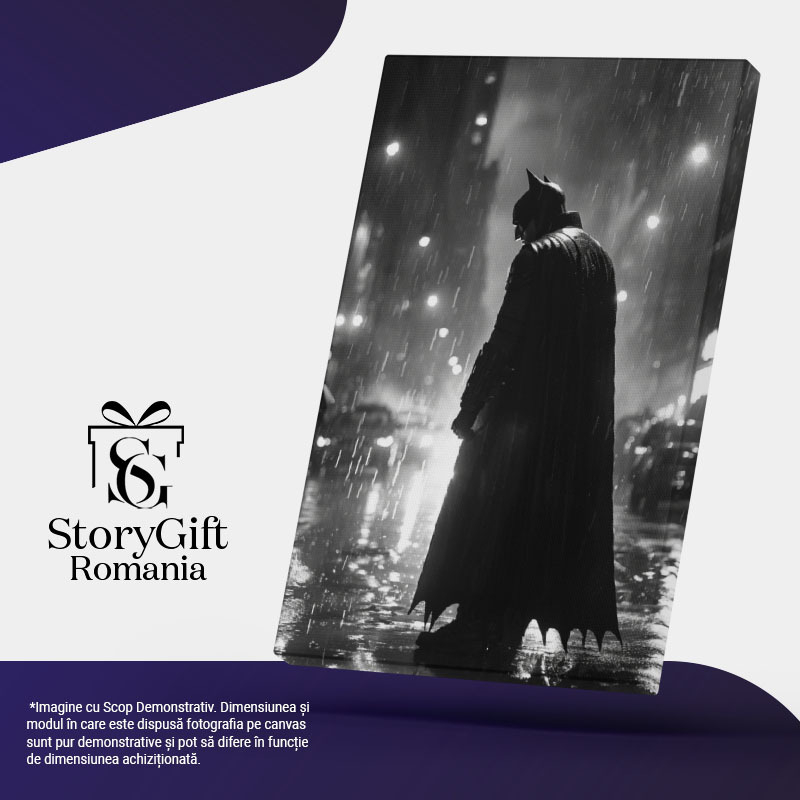 Tablou Canvas:  Supereroul Batman sta cu Spatele cu Pelerina Neagra Lunga si o Ploaie Torentiala Pictura Digitala 40x25CM [5]