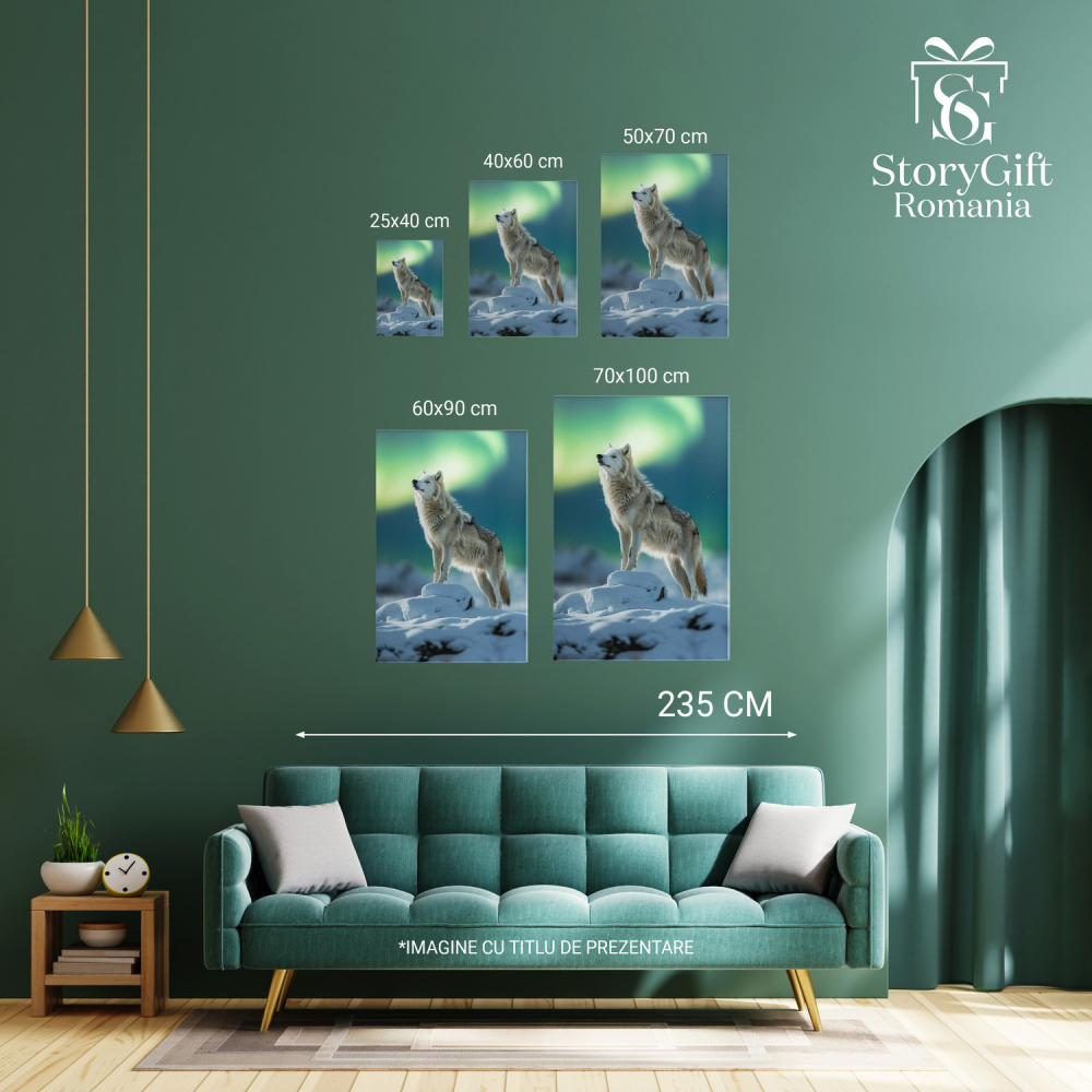 Lupul Singuratic - Urând la Lună Plină cu Cer Verde-Albastru, Marime 40x25CM [3]