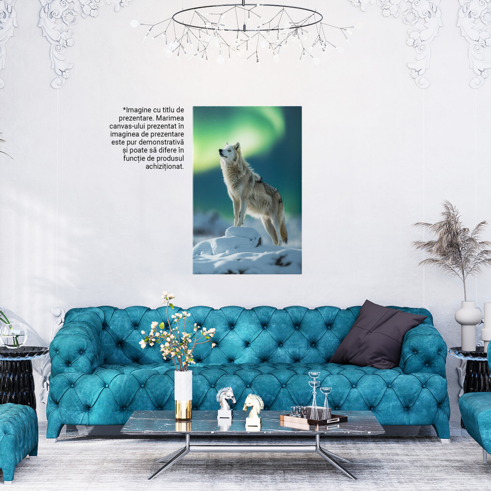 Lupul Singuratic - Urând la Lună Plină cu Cer Verde-Albastru, Marime 40x25CM [4]