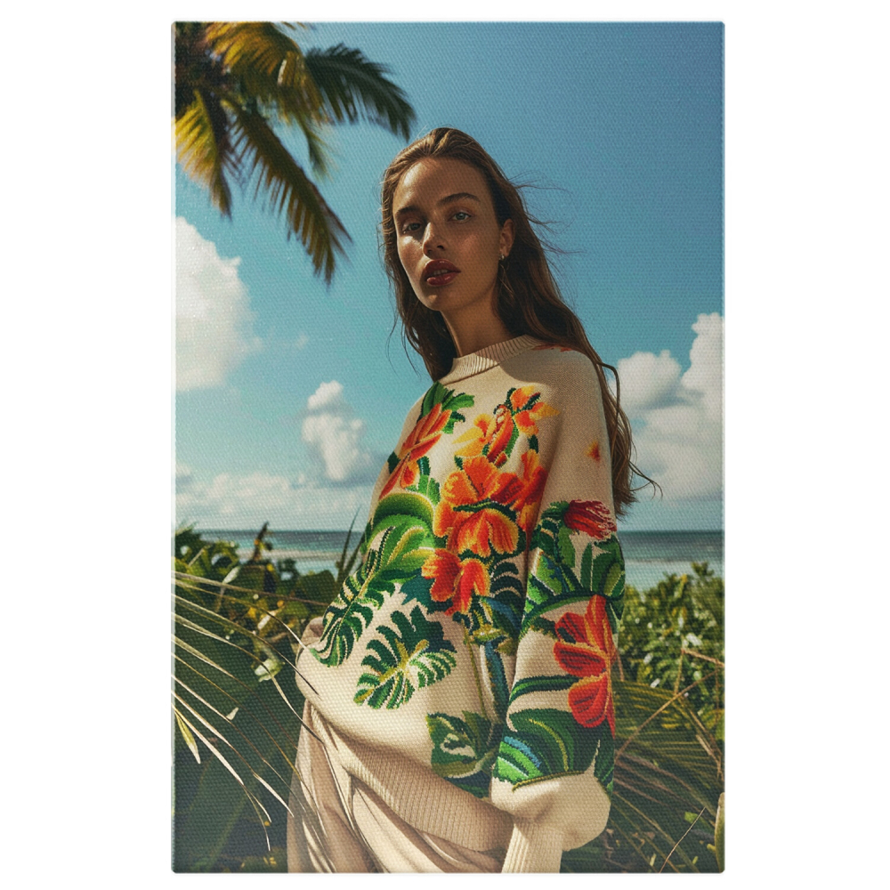 Tânără cu Flori pe Pulover - Tablou Canvas de Vacanță pe Plaja Curată, Marime 40x25CM [1]