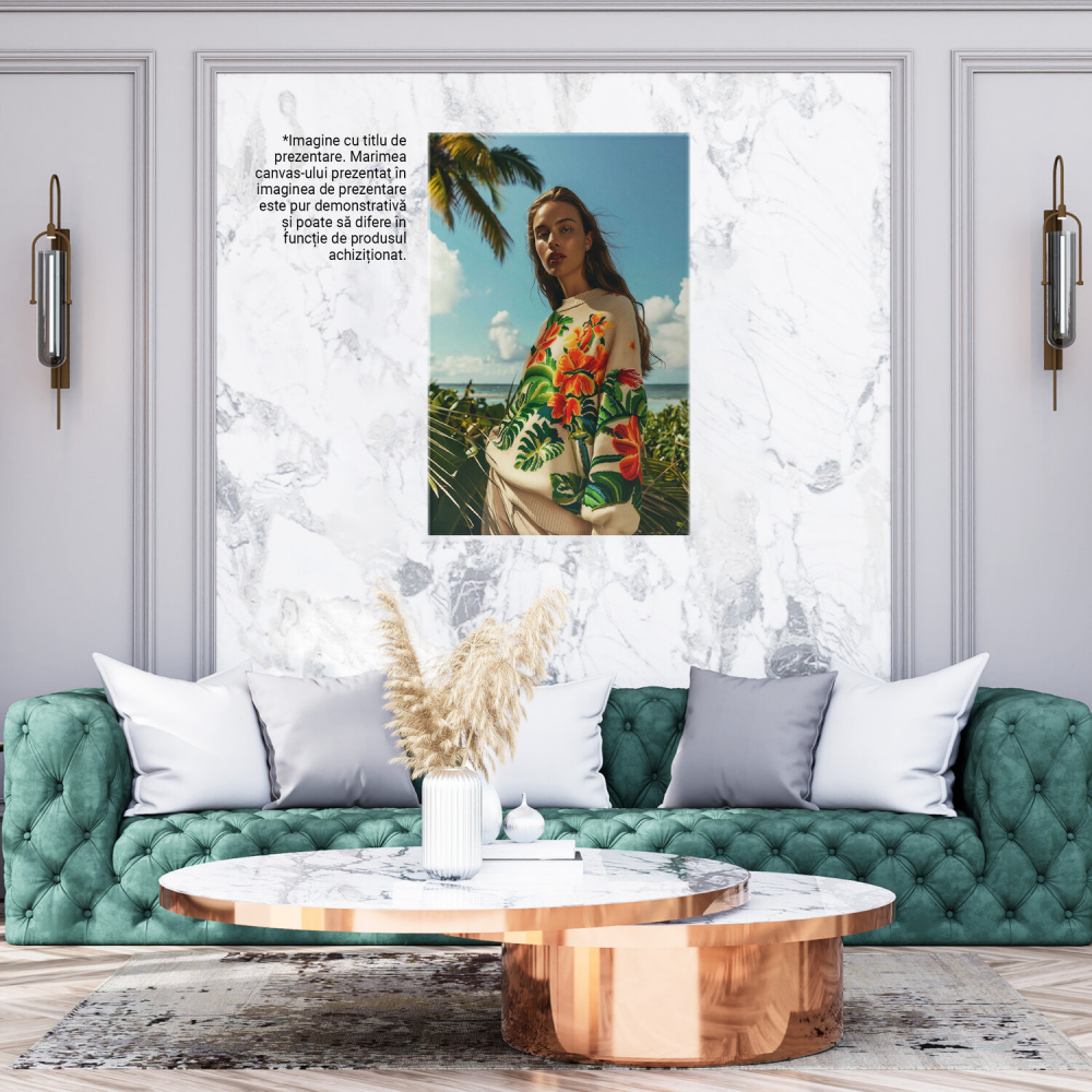 Tânără cu Flori pe Pulover - Tablou Canvas de Vacanță pe Plaja Curată, Marime 40x25CM [3]