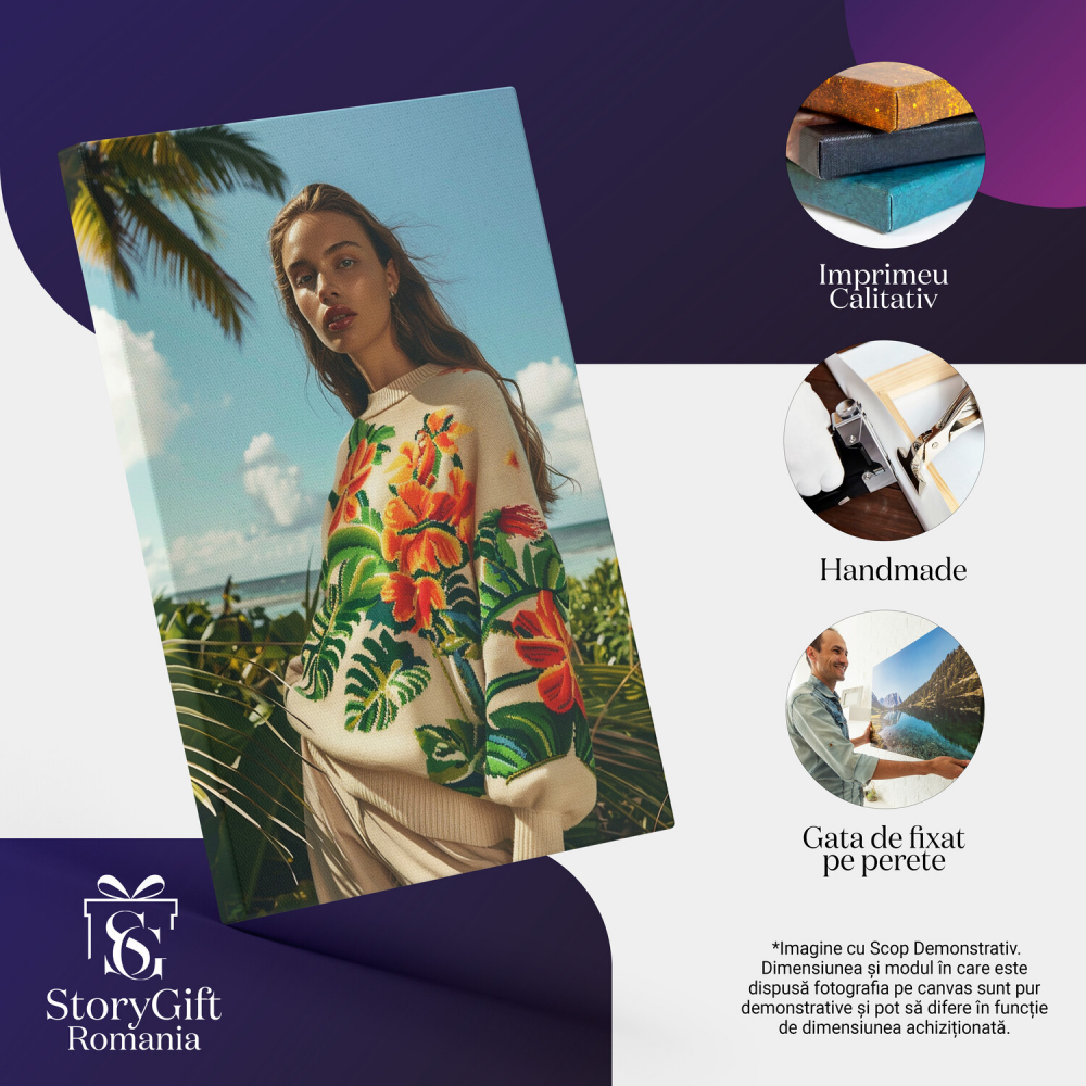 Tânără cu Flori pe Pulover - Tablou Canvas de Vacanță pe Plaja Curată, Marime 40x25CM [2]