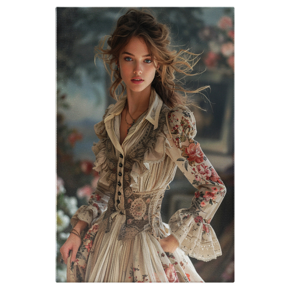 Tânără cu Părul Șaten și Ochi Albastri în Rochie Medievală – Pictură Digitală Elegantă, Marime 40x25CM [1]