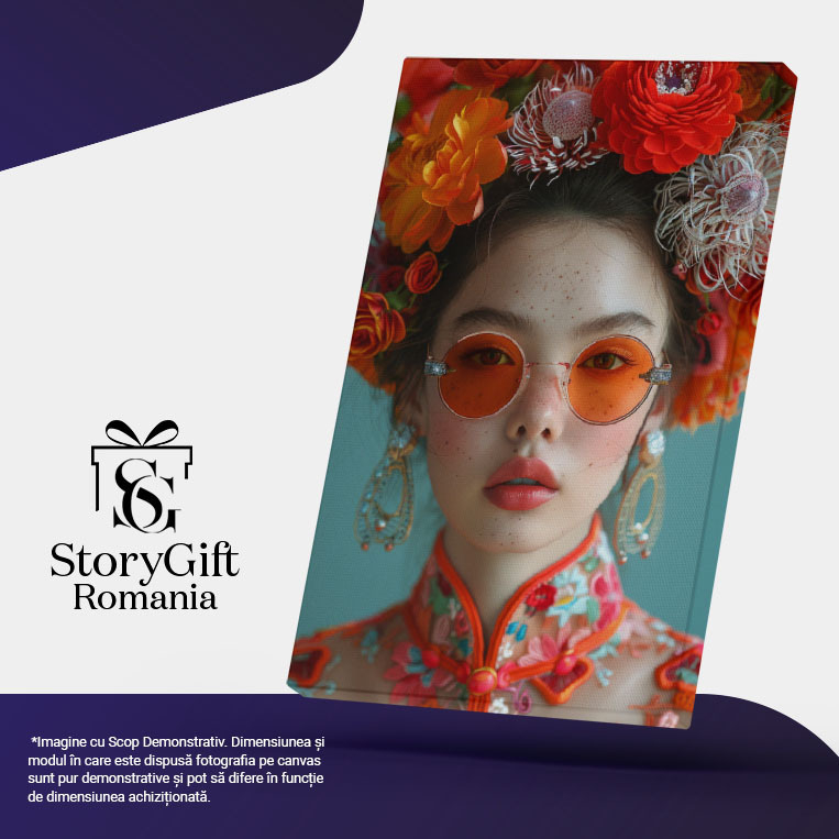 Tablou Canvas:  Tanara cu Rochie Chinezeasca si Pistrui Rosie in Obraji cu Par Saten Pictura Digitala 40x25CM [5]