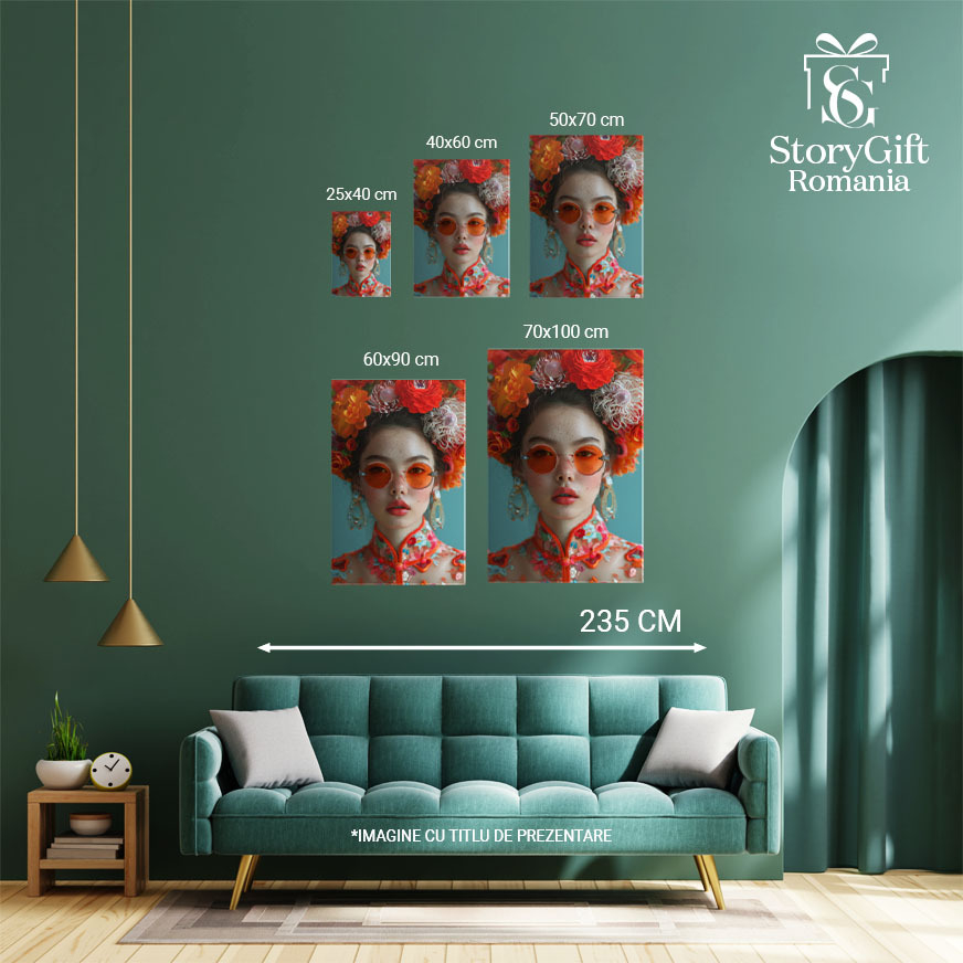 Tablou Canvas:  Tanara cu Rochie Chinezeasca si Pistrui Rosie in Obraji cu Par Saten Pictura Digitala 40x25CM [4]