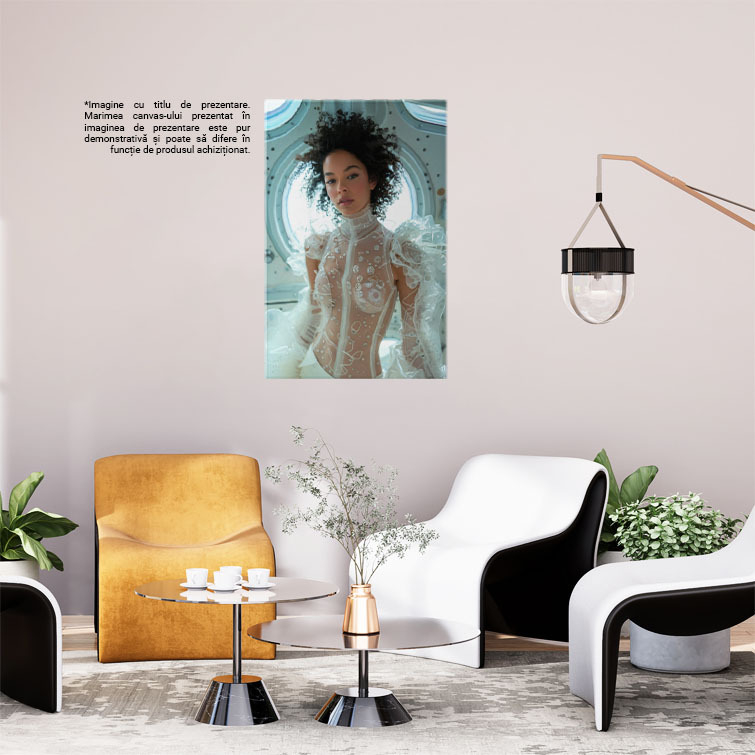 Tablou Canvas  Tanara Domnisoara cu Pielea Alba si Parul Carliontat in Bluza Transparenta si Pantaloni Albi , Pictura Digitala 40x25CM [2]