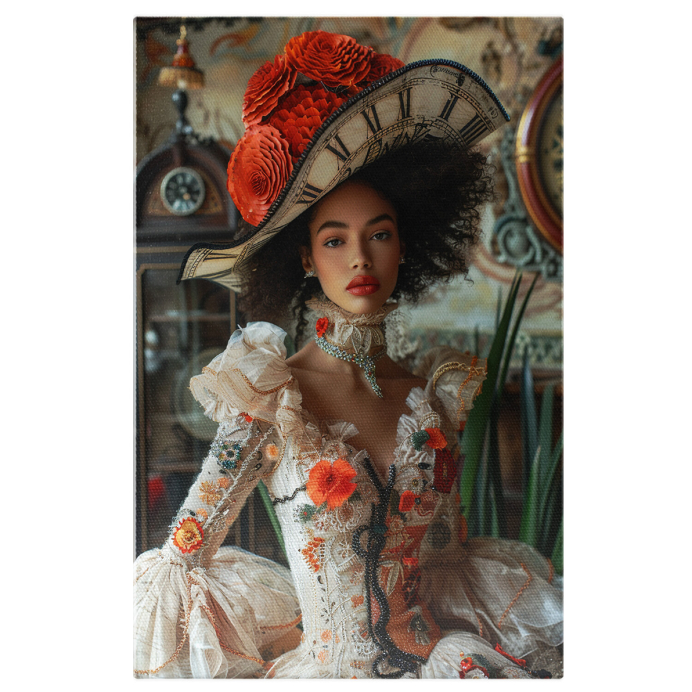 Tablou Canvas Domniță Creolă cu Păr Creț și Pălărie cu Flori - Artă Digitală Florală, Marime 40x25CM [1]