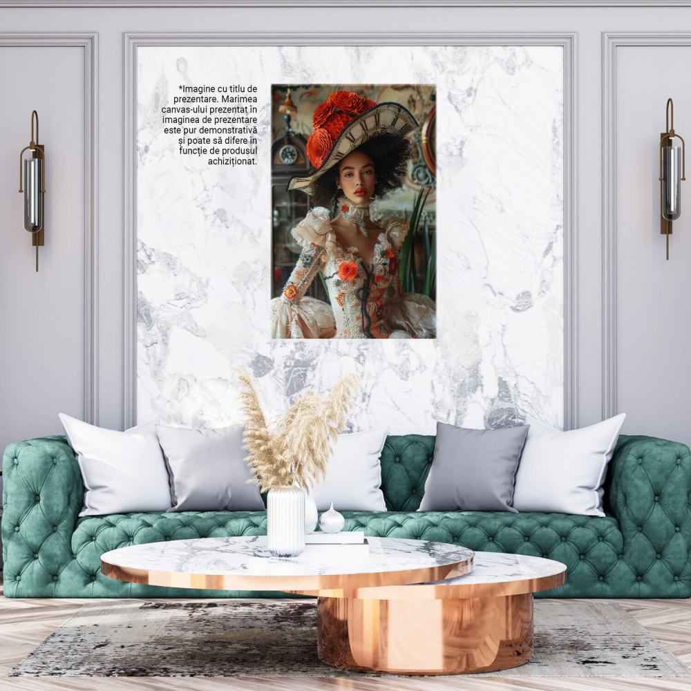 Tablou Canvas Domniță Creolă cu Păr Creț și Pălărie cu Flori - Artă Digitală Florală, Marime 40x25CM [3]