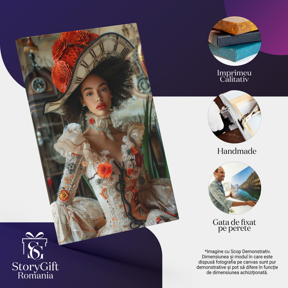 Tablou Canvas Domniță Creolă cu Păr Creț și Pălărie cu Flori - Artă Digitală Florală, Marime 40x25CM [2]