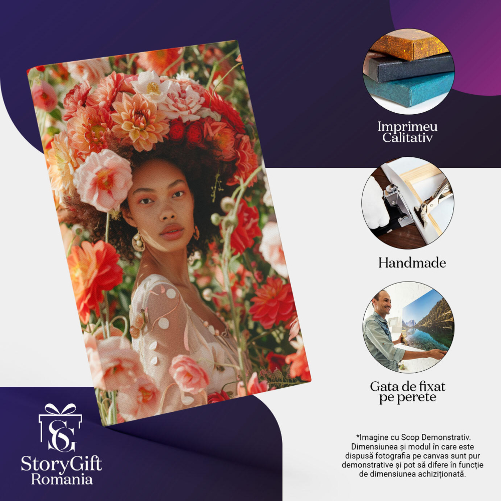 Tablou Canvas: Tanlou  Portret Afro în Cadru cu Flori- Natură și Frumusețe Pictura Digitala 40x25CM [3]