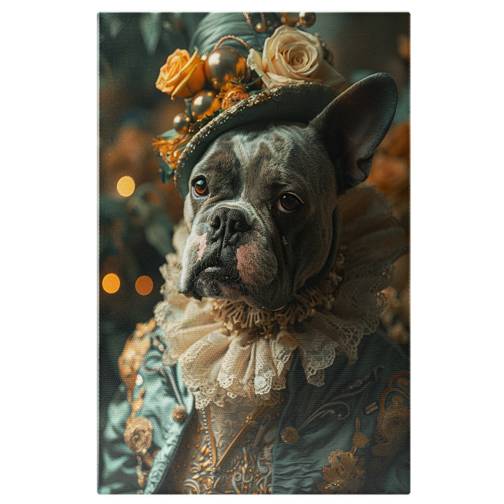 BullDog Francez cu Palarie Albastră și Trandafir Galben - Tablou Canvas, Marime 40x25CM [1]