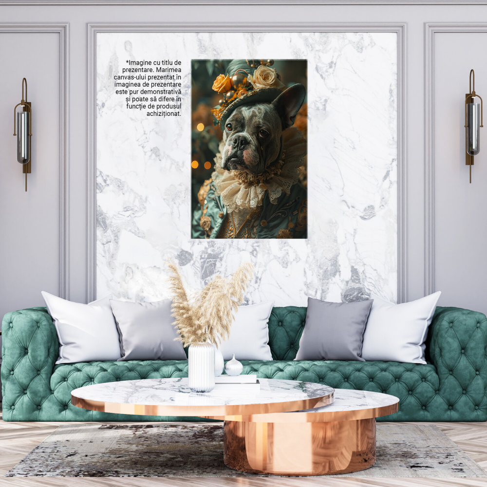 BullDog Francez cu Palarie Albastră și Trandafir Galben - Tablou Canvas, Marime 40x25CM [3]