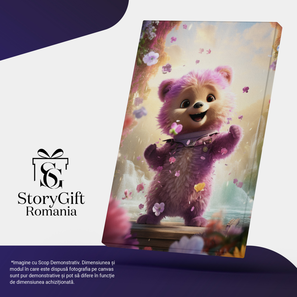Tablou Canvas - Ursuleț Teddy Fericit Dansând Înconjurat de Flori și Apă, Marime 40x25CM [4]