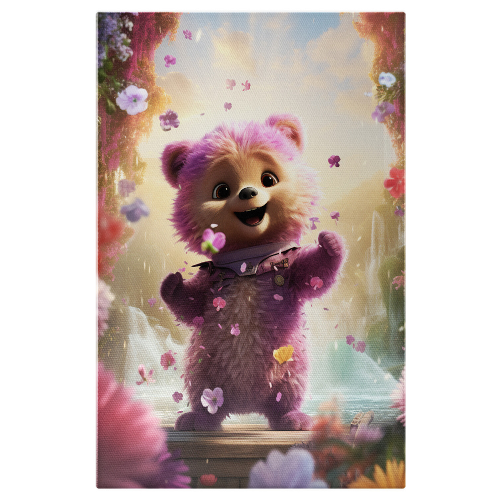 Tablou Canvas - Ursuleț Teddy Fericit Dansând Înconjurat de Flori și Apă, Marime 40x25CM [1]