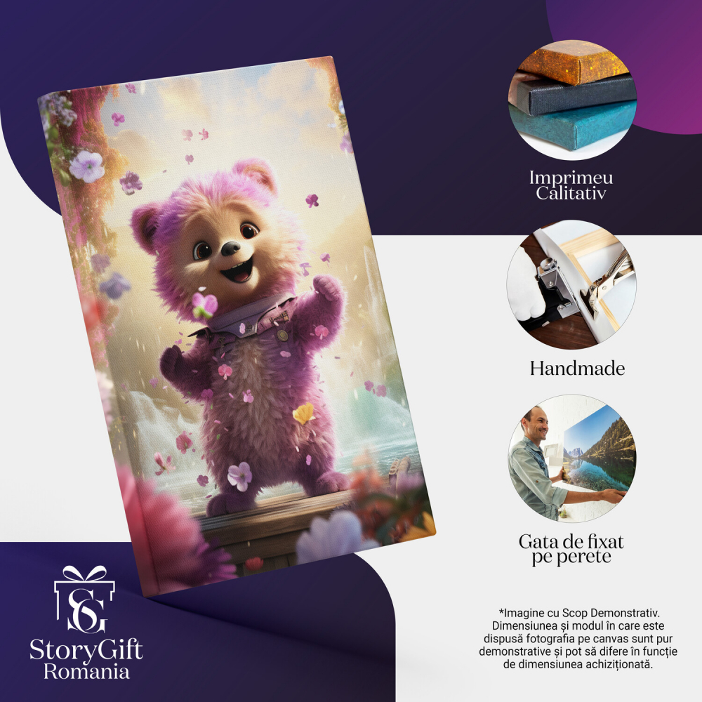 Tablou Canvas - Ursuleț Teddy Fericit Dansând Înconjurat de Flori și Apă, Marime 40x25CM [2]