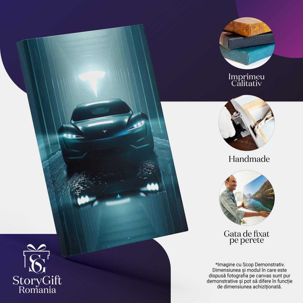 Tesla Neagră cu Faruri Aprinse - Tablou Canvas, Marime 40x25CM [2]