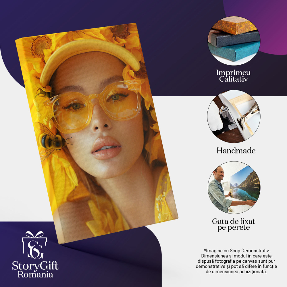 Tablou Canvas  The Bee Girl cu Ochelari si Sapca cu Flori Galbene in Rochita cu Gene Lungi si O Albina langa ea , Pictura Digitala 40x25CM [3]