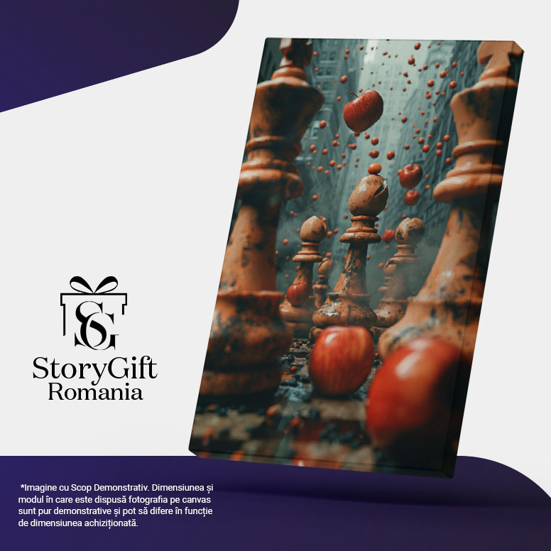 Tablou Canvas  The City of Chess, un Oras cu Piese de Sah printre Blocuri si Mere Rosii care Cad pe Asfalt , Pictura Digitala 40x25CM [5]