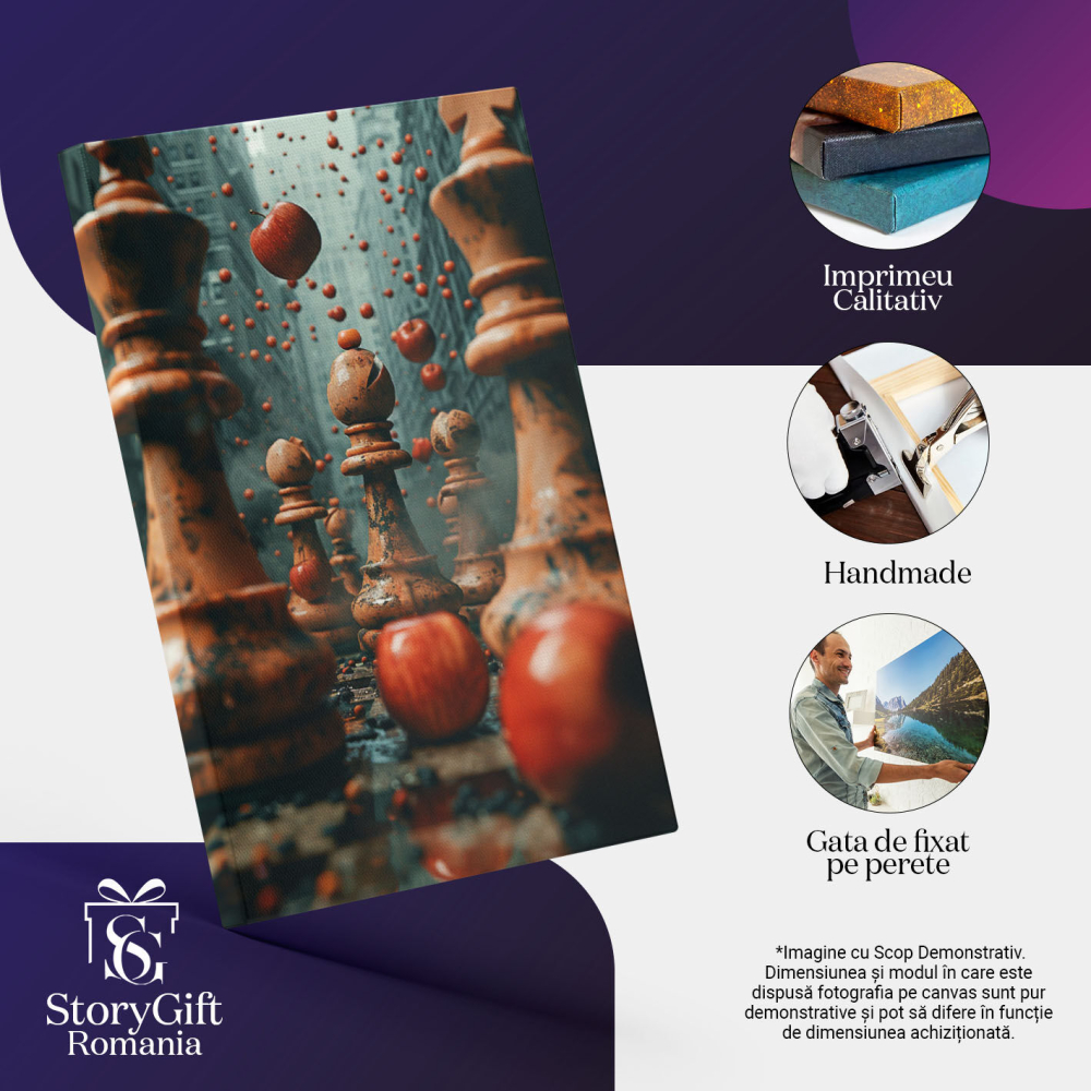 Tablou Canvas  The City of Chess, un Oras cu Piese de Sah printre Blocuri si Mere Rosii care Cad pe Asfalt , Pictura Digitala 40x25CM [3]