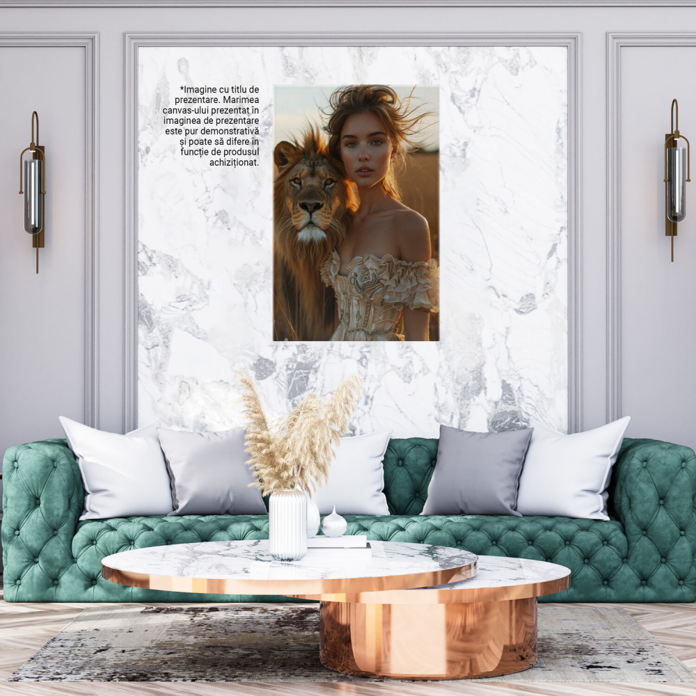 Tablou Canvas Fata Specială în Rochie Elegantă cu Umerii Goi și Leul Fermecător - Pictură Digitală, Marime 40x25CM [3]