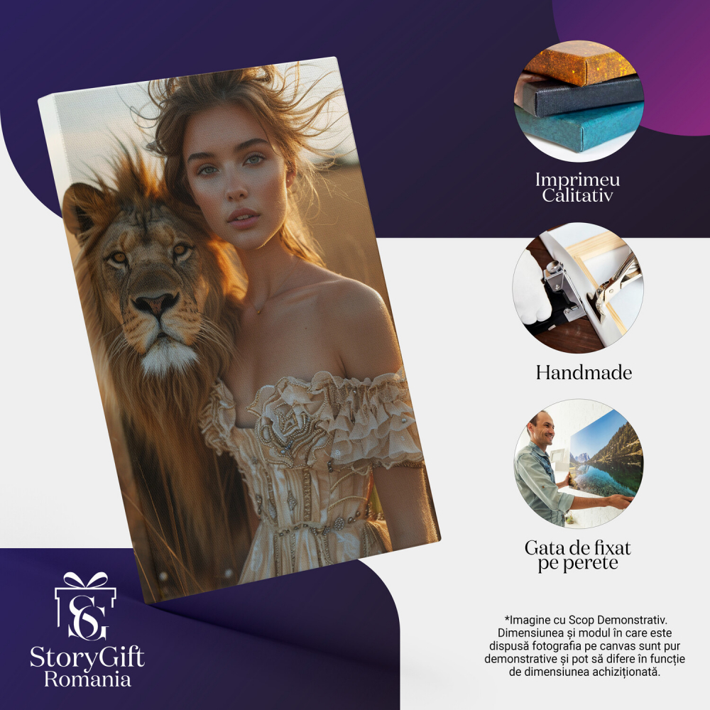 Tablou Canvas Fata Specială în Rochie Elegantă cu Umerii Goi și Leul Fermecător - Pictură Digitală, Marime 40x25CM [2]