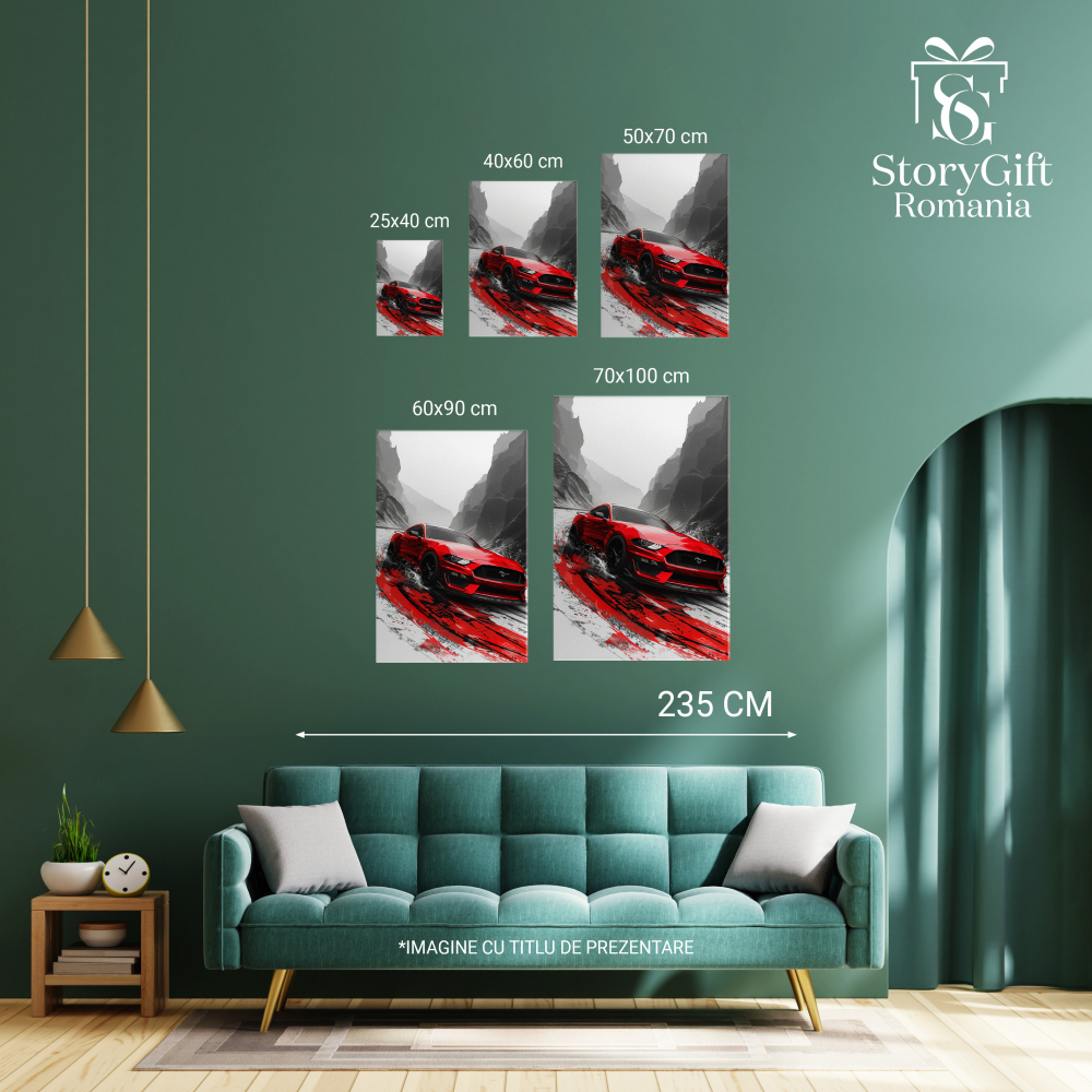 Tablou Canvas  The Sports Car Ford Mustang Masina Rosie Sport pe un Drum cu Zapada printre Stanci , Pictura Digitala 90x60CM [2]