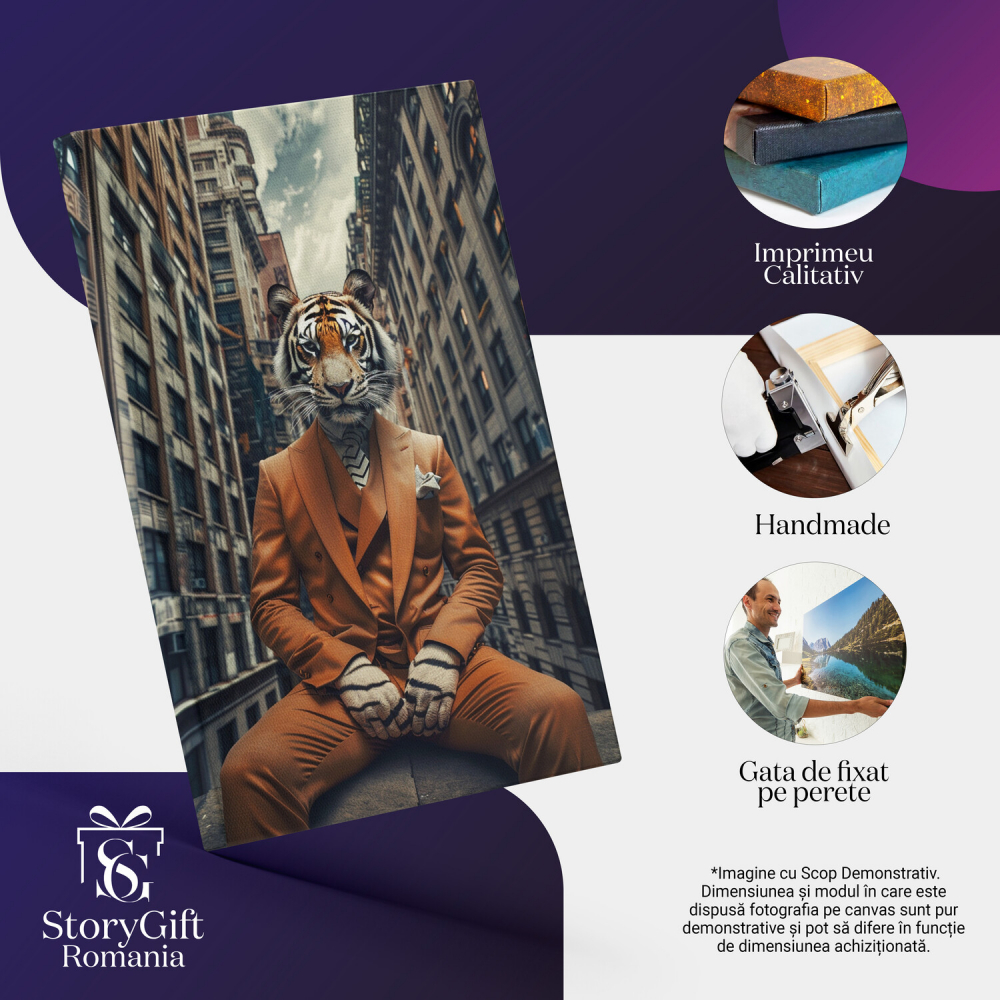 Tablou Canvas - Tigru Deghizat în Costum de Om, Șezând la Balcon printre Blocuri Populate, Marime 40x25CM [2]